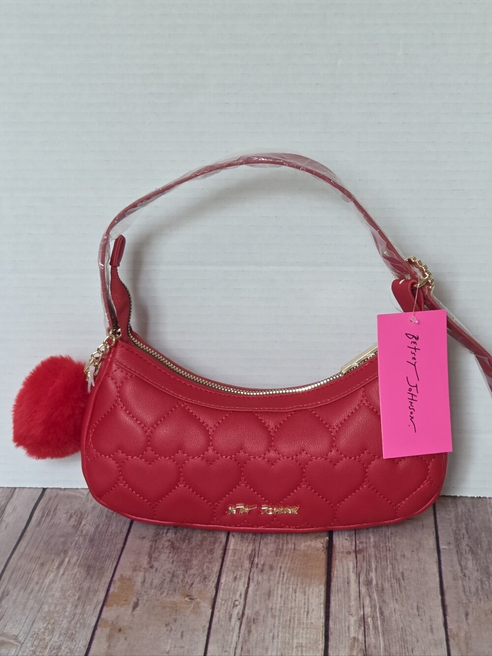 Betsey Johnson Red Quilted Heart Pom-Pom Shoulder Bag - Picture 13 of 16